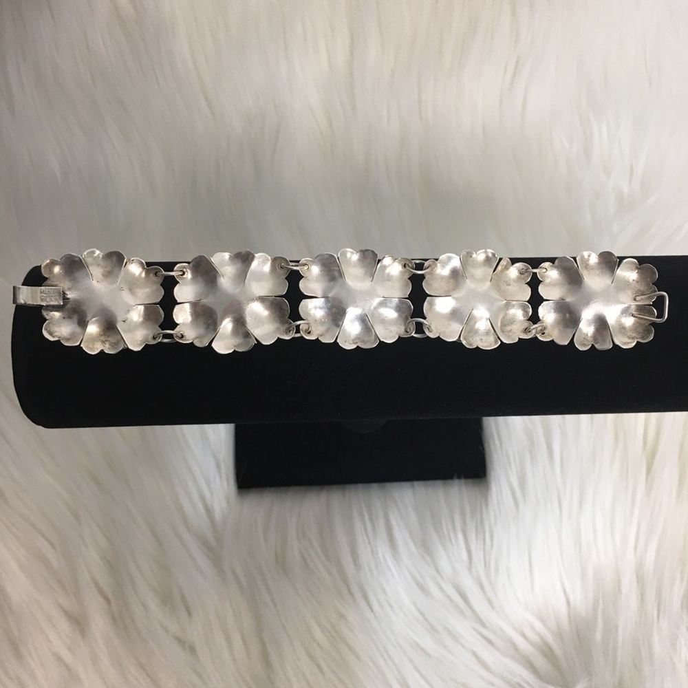 Silver Flower Link Bracelet Made/Mexico Bracelet - Picture 2 of 11